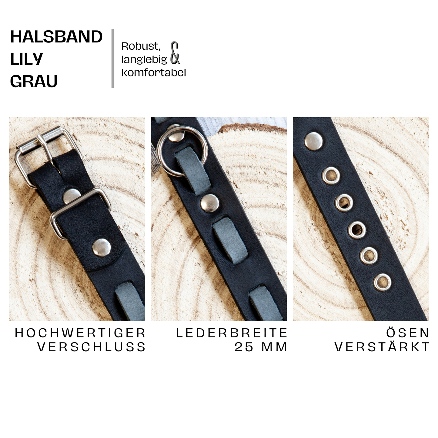 Atemberaubende Farbkombi: Handgemachtes Lederhalsband für deinen Hund. Grau und Schwarz. Hundehalsband. Halsband aus Leder. Übersicht
