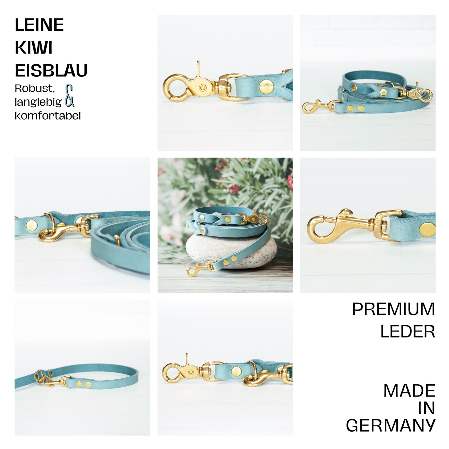 Set KIWI | Lederleine und Halsband | Eisblau