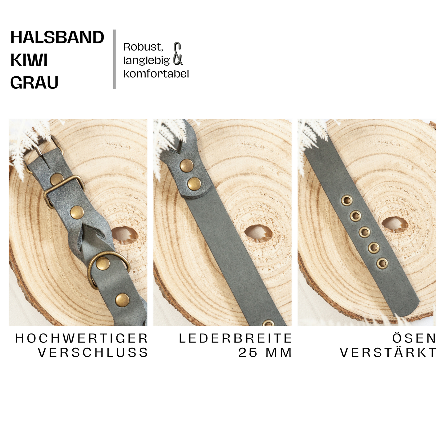 Set KIWI | Lederleine und Halsband | Grau