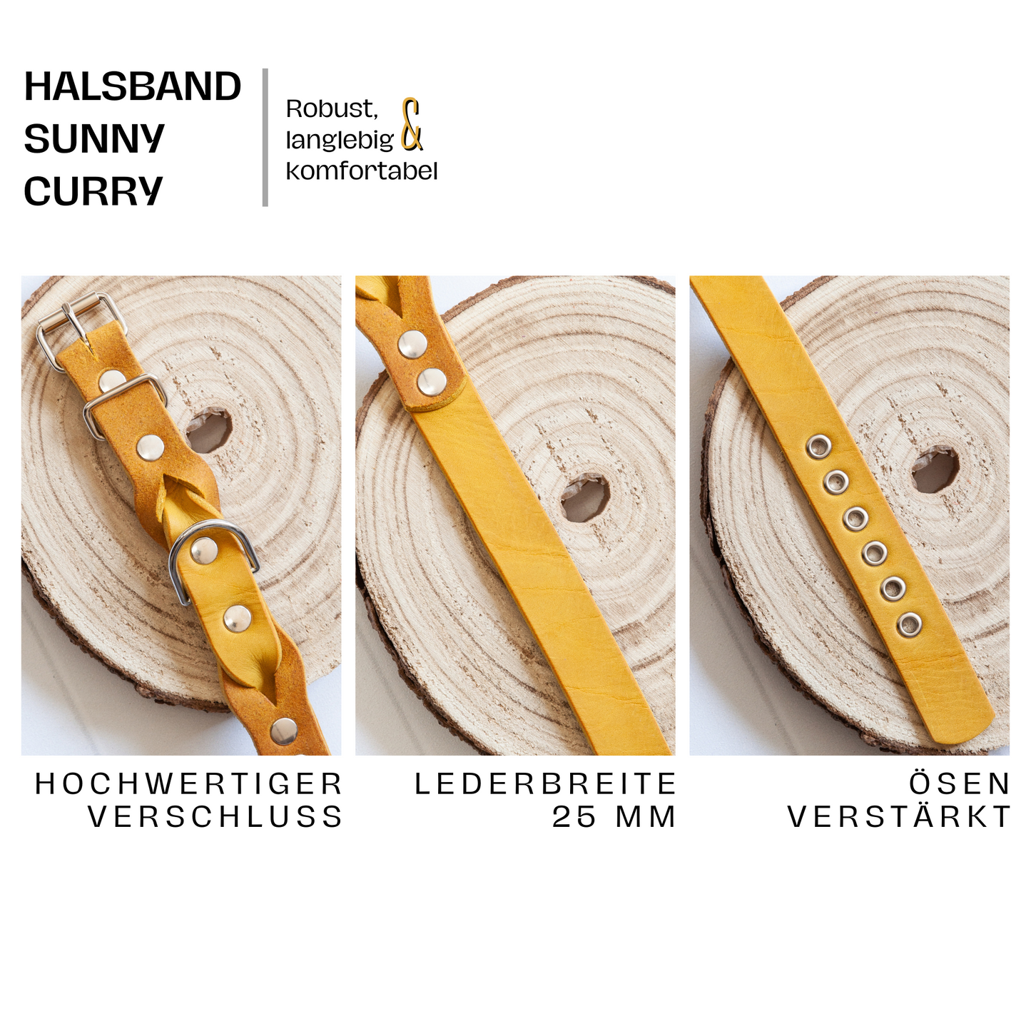 Halsband SUNNY aus Leder. Hundehalsband aus Leder in der Farbe Curry Gelb. Lederhalsband für Fellnasen. Detail