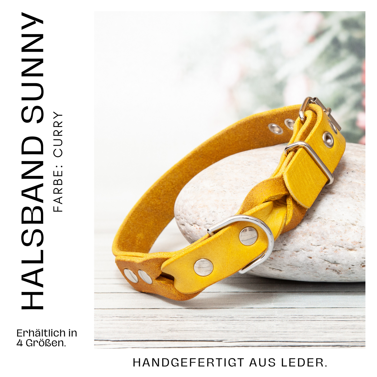 Halsband SUNNY aus Leder. Hundehalsband aus Leder in der Farbe Curry Gelb. Lederhalsband für Fellnasen. Detail 1