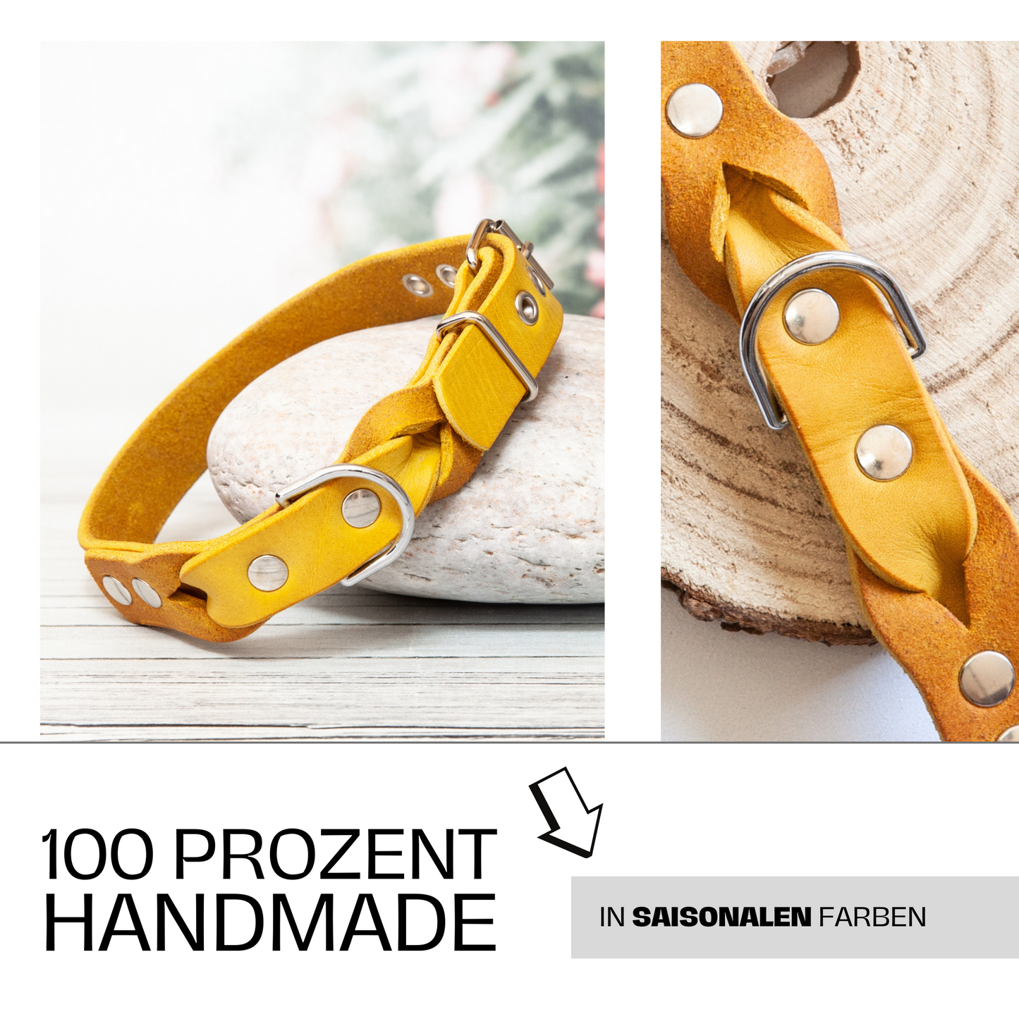 Halsband SUNNY aus Leder. Hundehalsband aus Leder in der Farbe Curry Gelb. Lederhalsband für Fellnasen. Detail 2