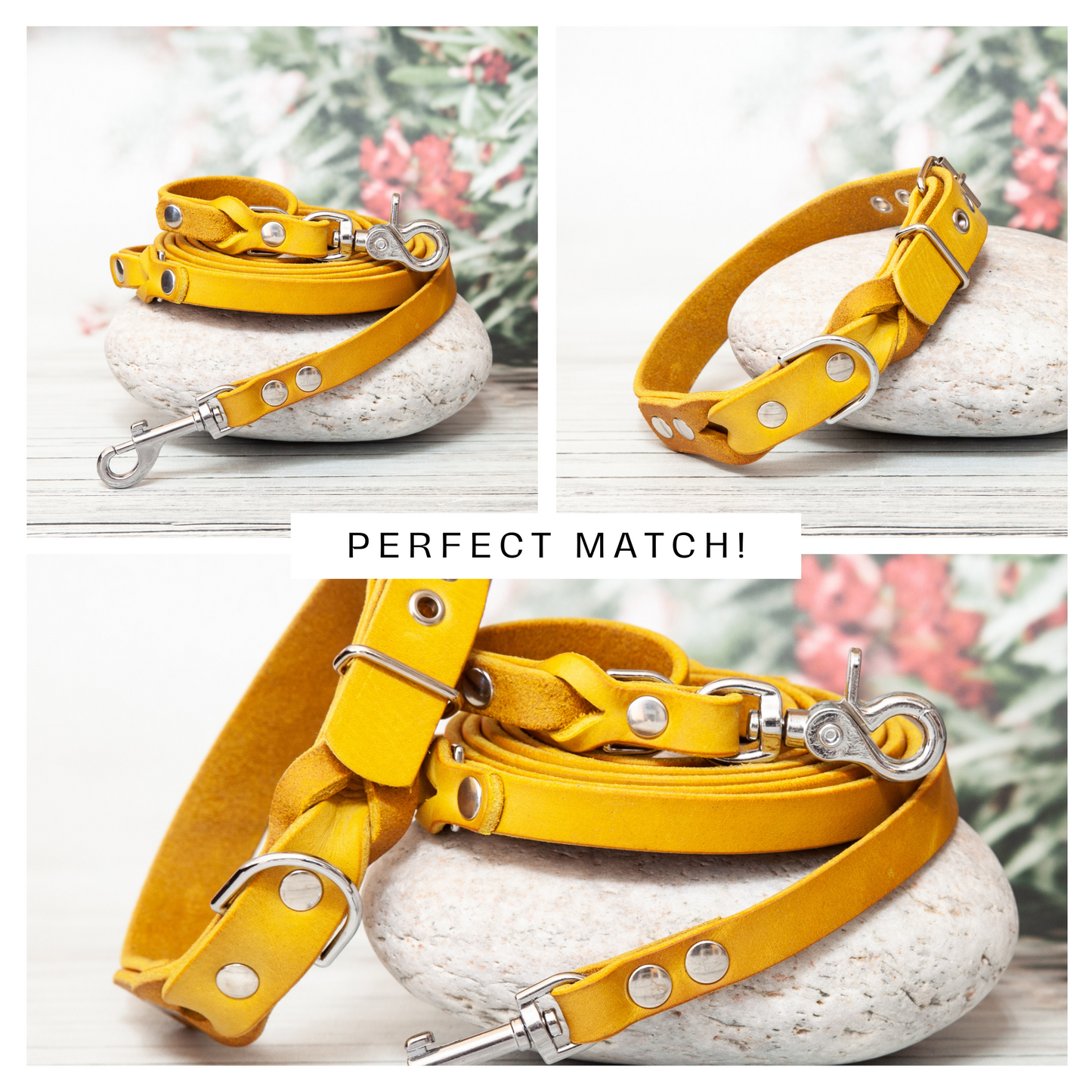 Halsband SUNNY aus Leder. Hundehalsband aus Leder in der Farbe Curry Gelb. Lederhalsband für Fellnasen. Detail 3