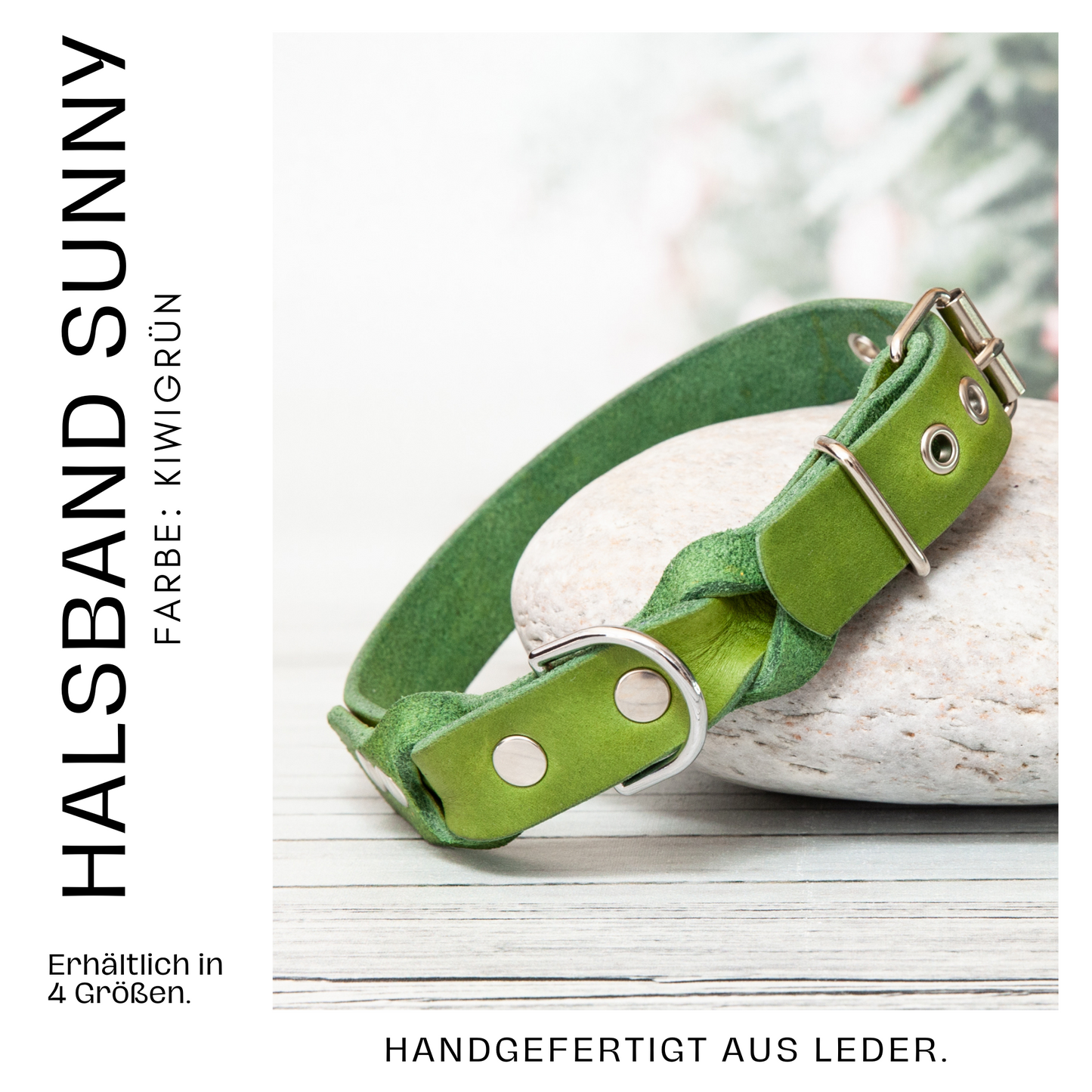 Halsband SUNNY aus Leder. Hundehalsband aus Leder in der Farbe Kiwi Grün. Lederhalsband für Fellnasen. Detail 2