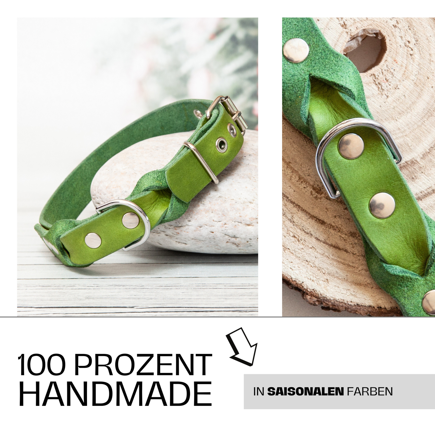 Halsband SUNNY aus Leder. Hundehalsband aus Leder in der Farbe Kiwi Grün. Lederhalsband für Fellnasen. Detail 3