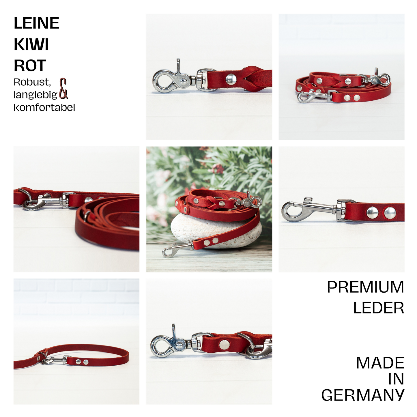 Übersicht der roten Hundeleine KIWI – aus hochwertigem Leder mit silberfarbenem Karabiner, Made in Germany