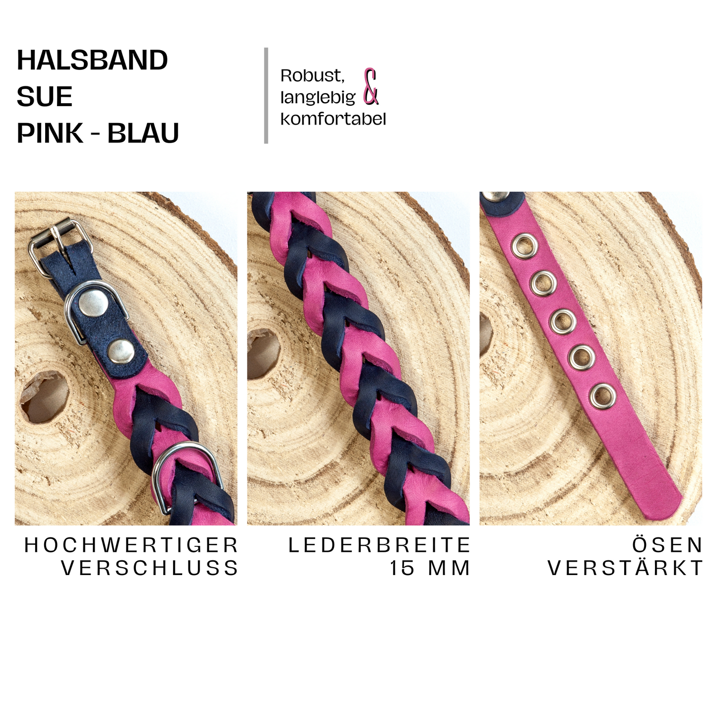 Halsband SUE handgefertigt aus Leder. Lederhalsband in der Farbe Pink und Blau. Hundehalsband. Details