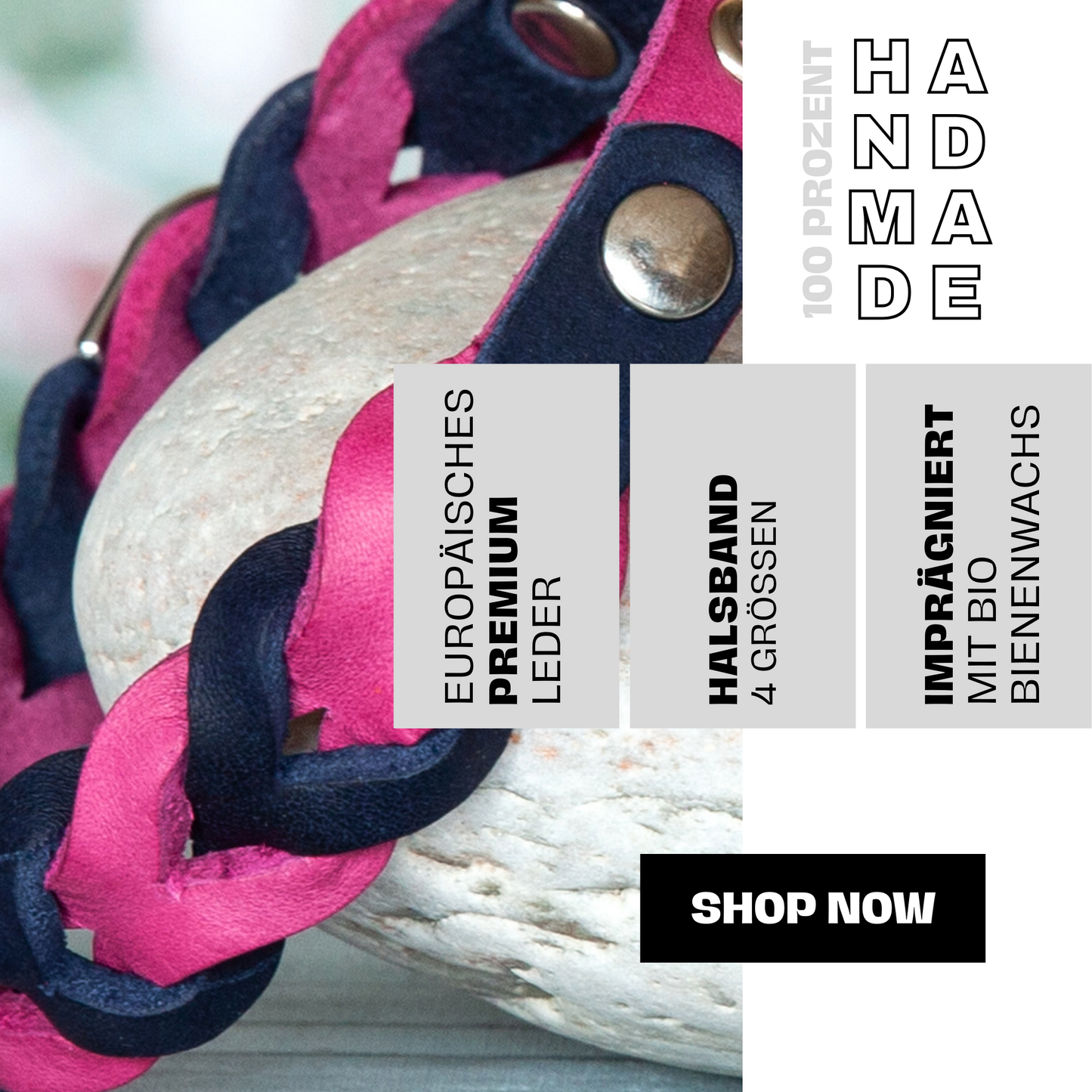 Halsband SUE handgefertigt aus Leder. Lederhalsband in der Farbe Pink und Blau. Hundehalsband. Details 1