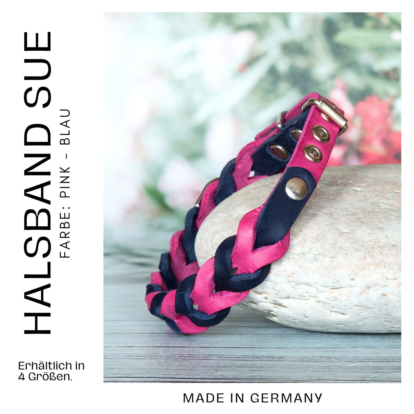 Halsband SUE handgefertigt aus Leder. Lederhalsband in der Farbe Pink und Blau. Hundehalsband. Details 2