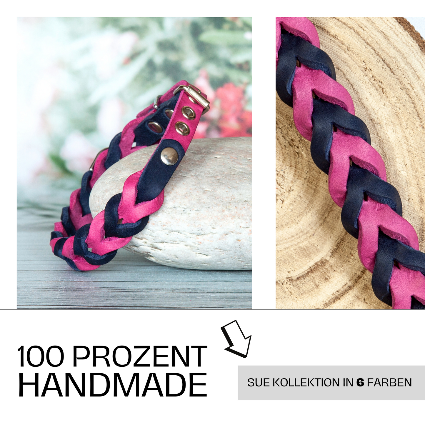 Halsband SUE handgefertigt aus Leder. Lederhalsband in der Farbe Pink und Blau. Hundehalsband. Details 3