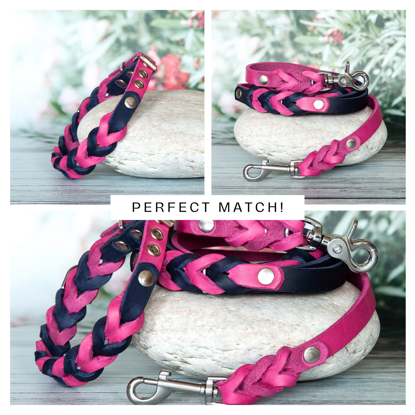 Halsband SUE handgefertigt aus Leder. Lederhalsband in der Farbe Pink und Blau. Hundehalsband. Details 4
