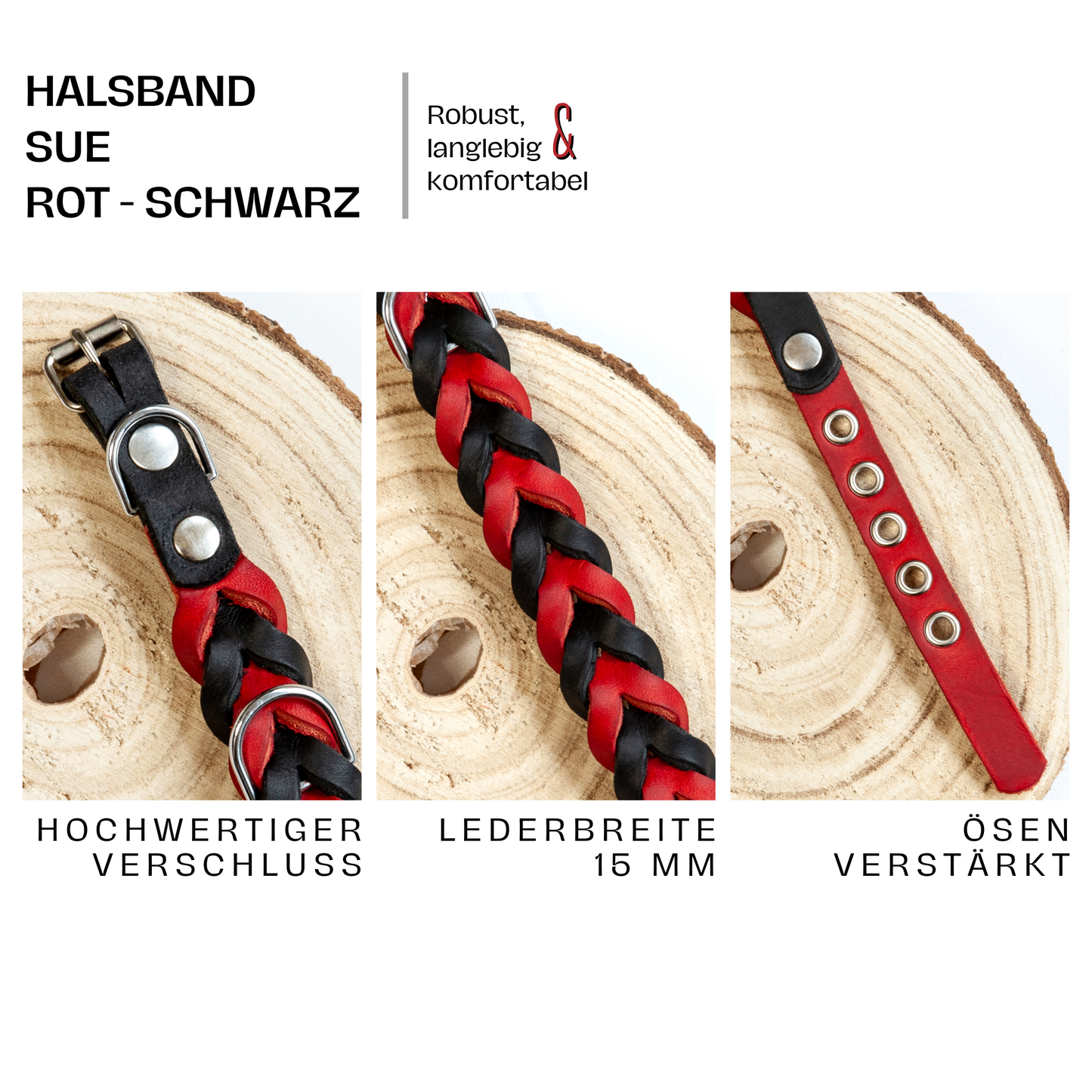 Halsband SUE handgefertigt aus Leder. Lederhalsband in der Farbe Rot und Schwarz. Hundehalsband. Detail