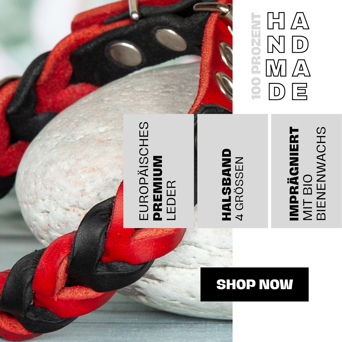 Halsband SUE handgefertigt aus Leder. Lederhalsband in der Farbe Rot und Schwarz. Hundehalsband. Detail 1