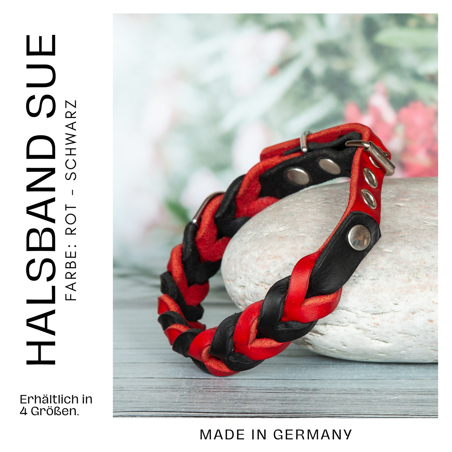Halsband SUE handgefertigt aus Leder. Lederhalsband in der Farbe Rot und Schwarz. Hundehalsband. Detail 2
