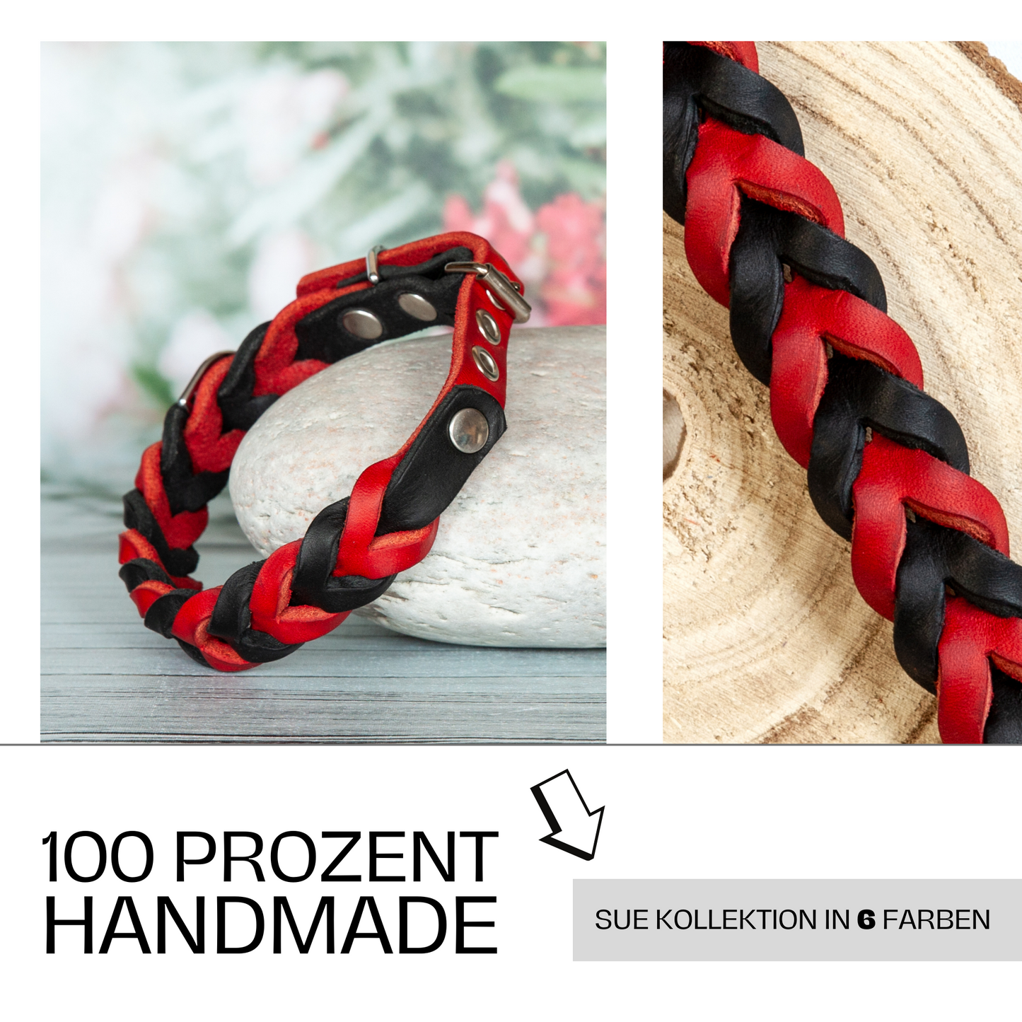 Halsband SUE handgefertigt aus Leder. Lederhalsband in der Farbe Rot und Schwarz. Hundehalsband. Detail 3