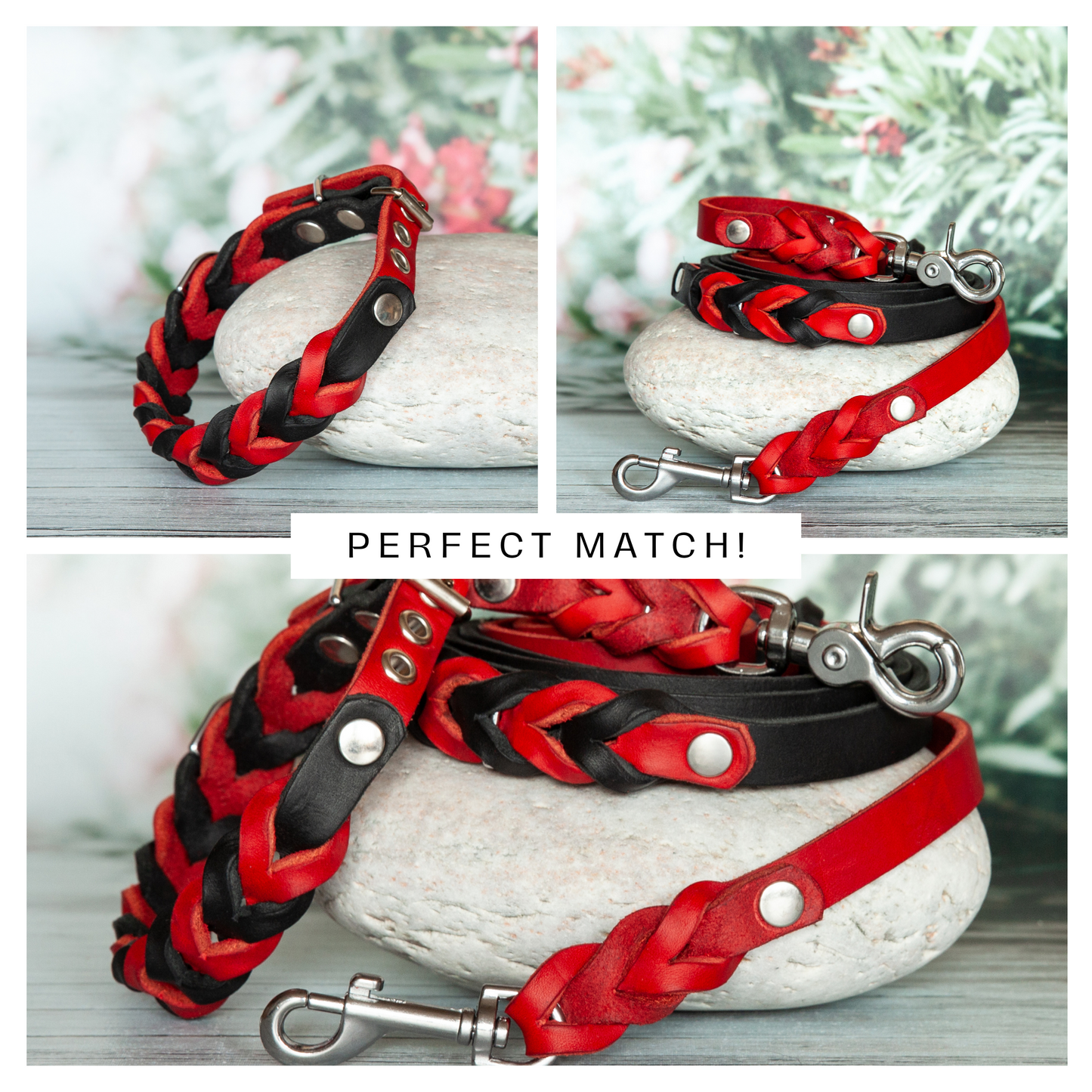 Halsband SUE handgefertigt aus Leder. Lederhalsband in der Farbe Rot und Schwarz. Hundehalsband. Detail 4