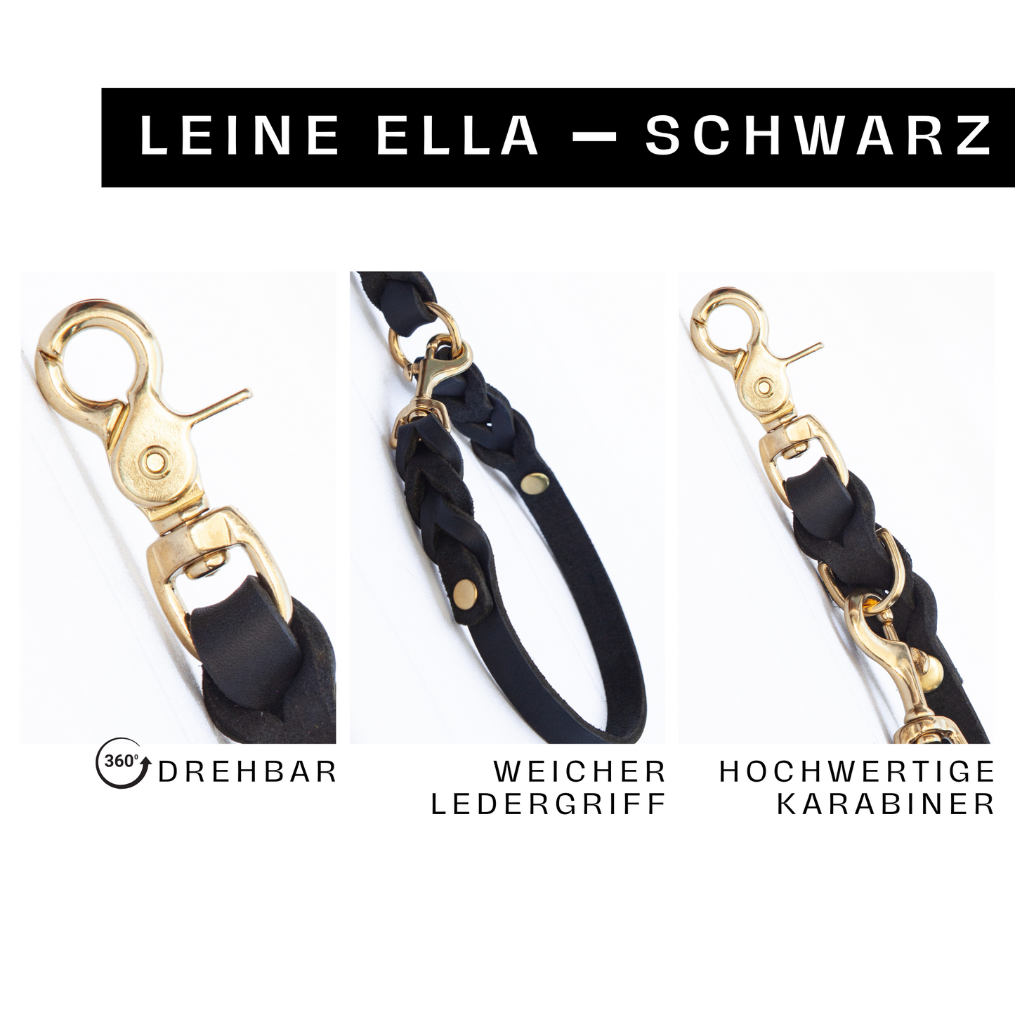 Hundeleine ELLA aus Leder. Handgefertigte Lederleine in der Farbe Schwarz für deinen Hund. Hundelederleine. Detail