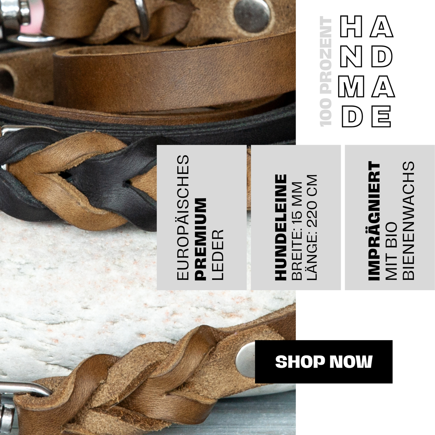 Nahaufnahme der Hundeleine Sue oliv-schwarz aus europäischem Leder, imprägniert mit Bio-Bienenwachs – jetzt im Onlineshop erhältlich.