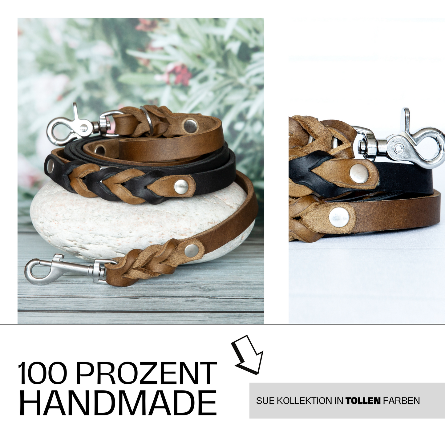 100 % handgemachte Hundeleine Sue in oliv und schwarz – hochwertiges Leder, perfekt für stilbewusste Hundebesitzer.