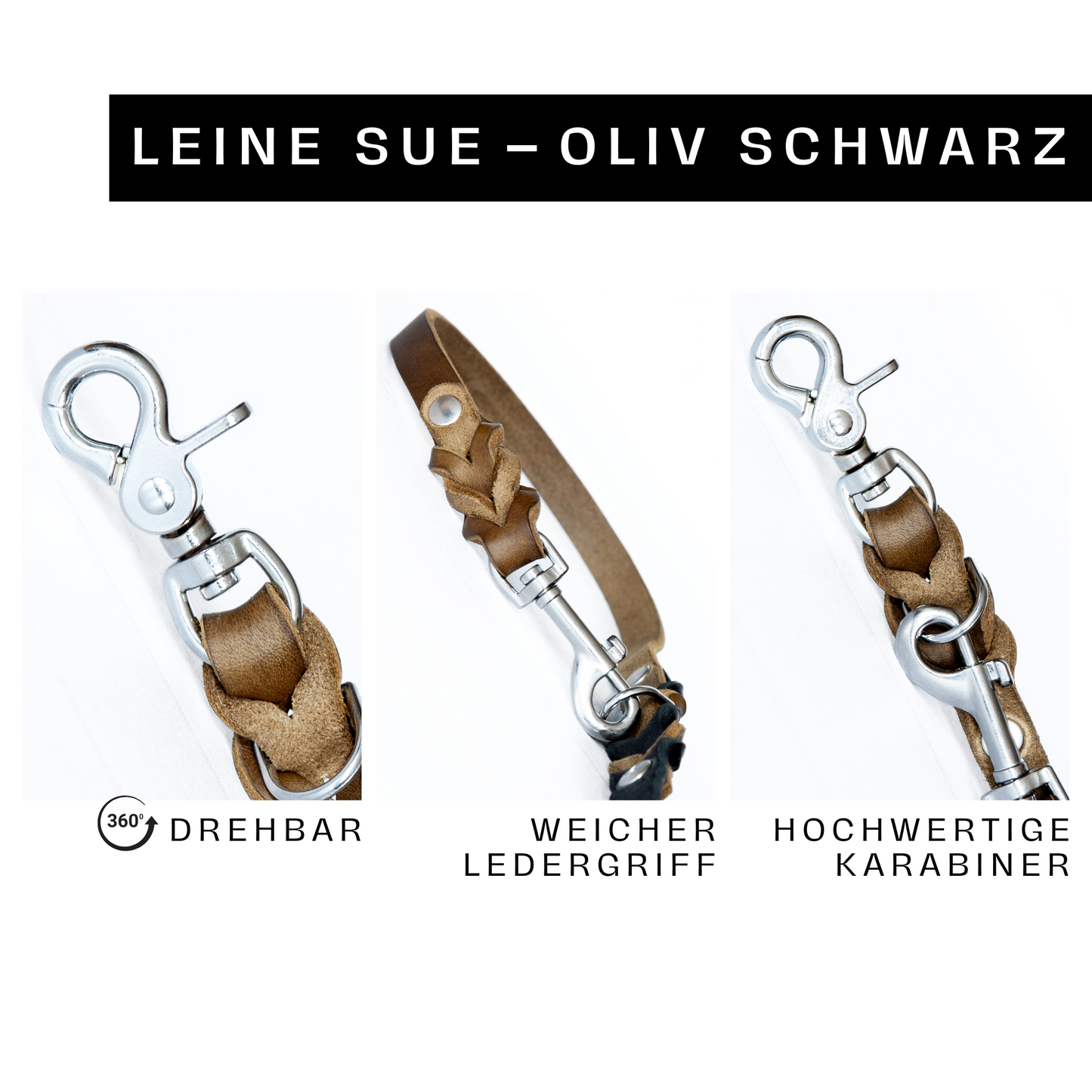 Hundeleine Sue in oliv-schwarz mit drehbarem Karabiner, weichem Ledergriff und robuster Verarbeitung im Detail.