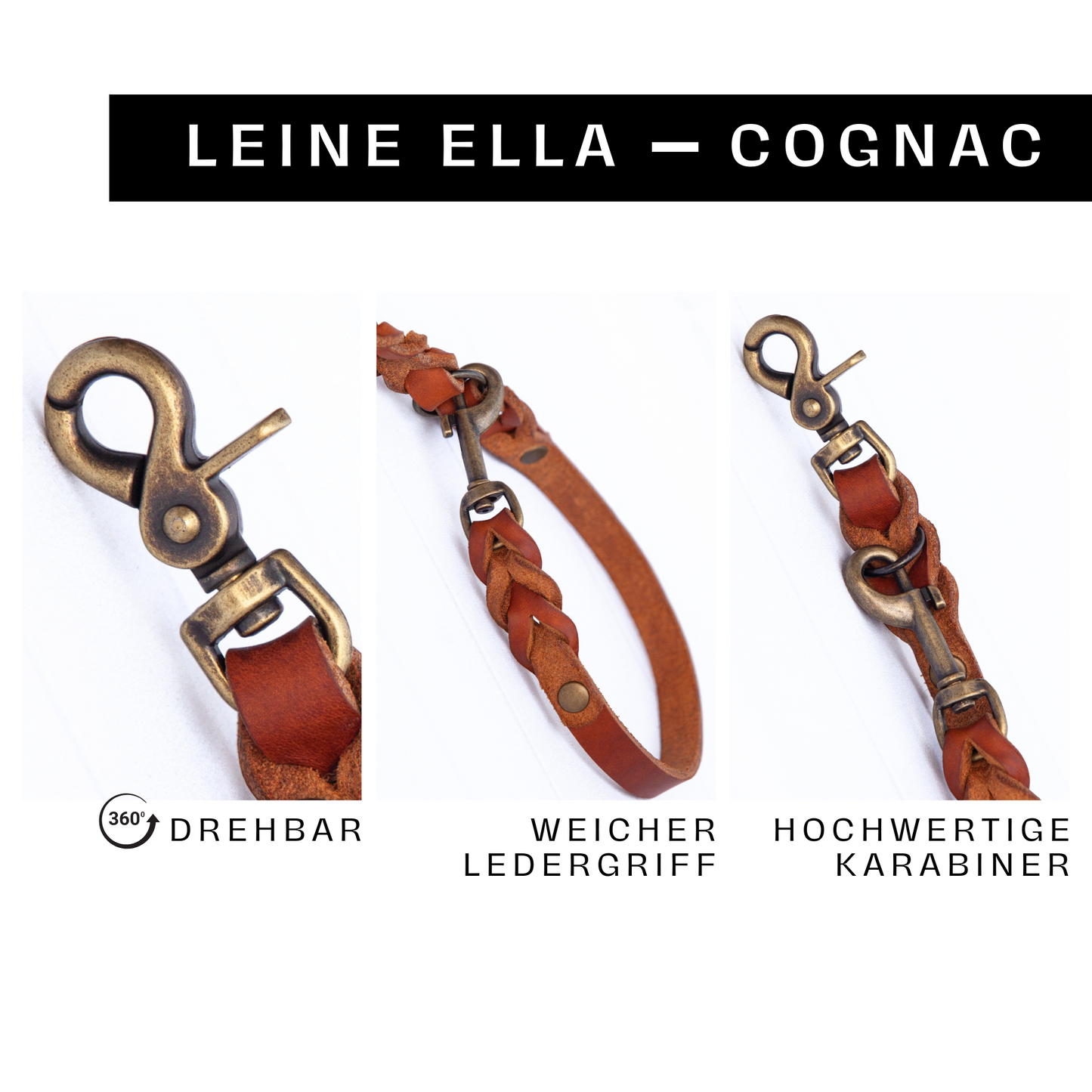 Hundeleine ELLA aus Leder. Handgefertigte Lederleine in der Farbe Cognac Braun für deinen Hund. Hundelederleine. Detail