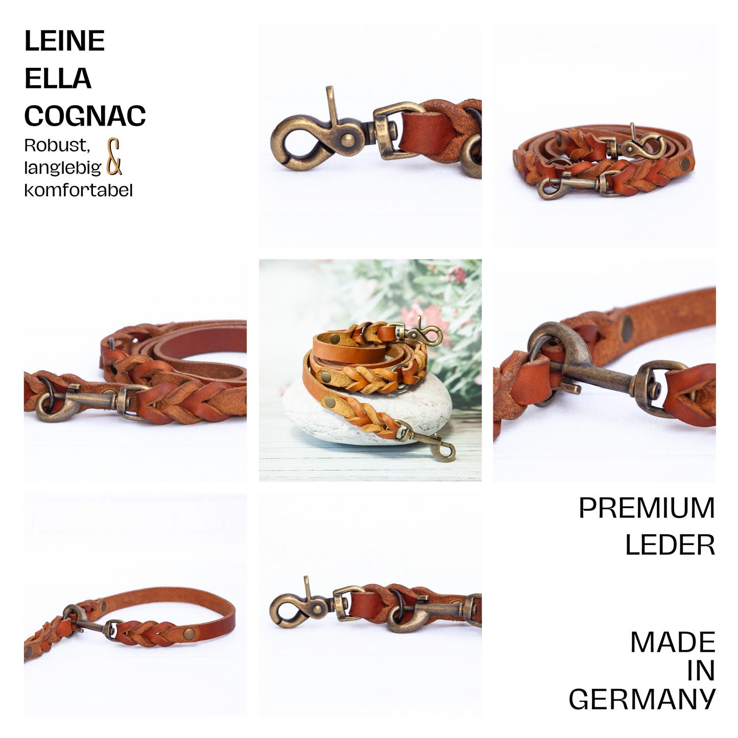 Hundeleine ELLA aus Leder. Handgefertigte Lederleine in der Farbe Cognac Braun für deinen Hund. Hundelederleine. Detail 1