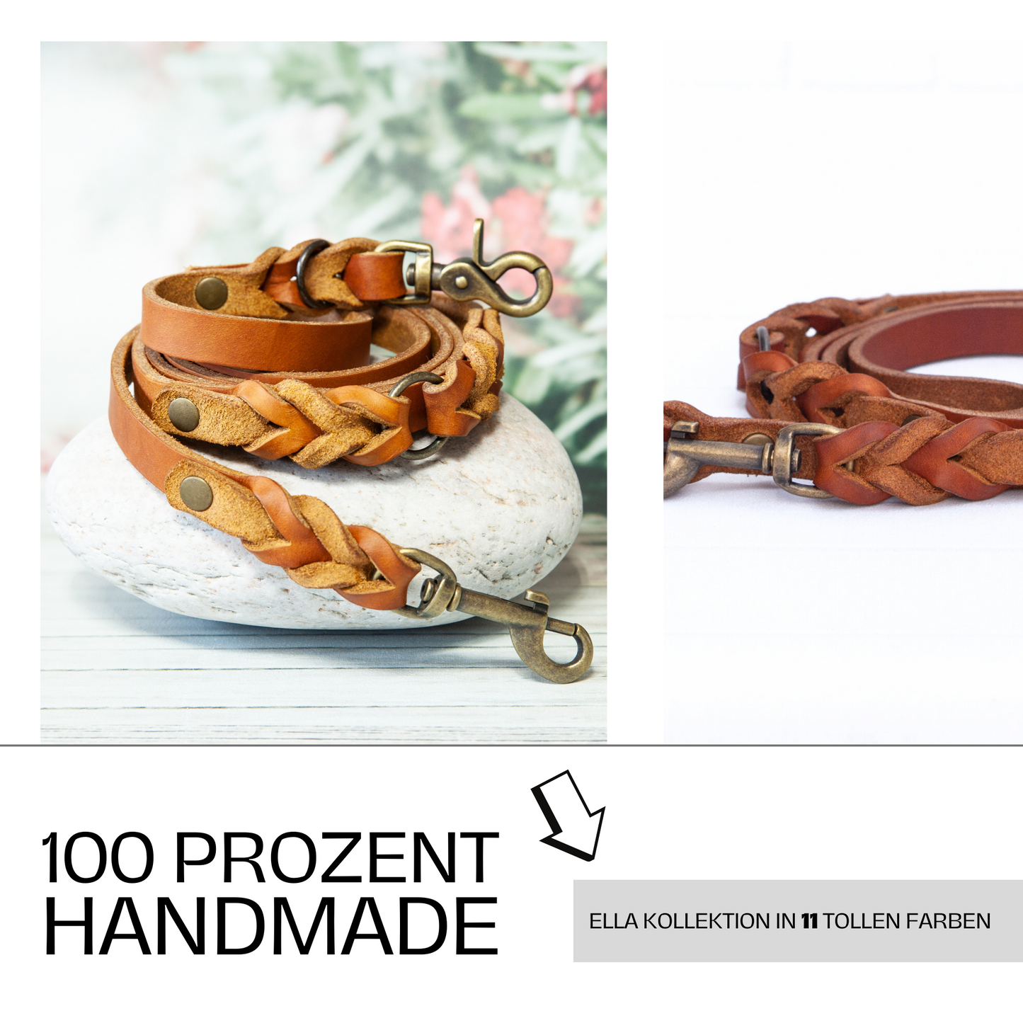 Hundeleine ELLA aus Leder. Handgefertigte Lederleine in der Farbe Cognac Braun für deinen Hund. Hundelederleine. Detail 3