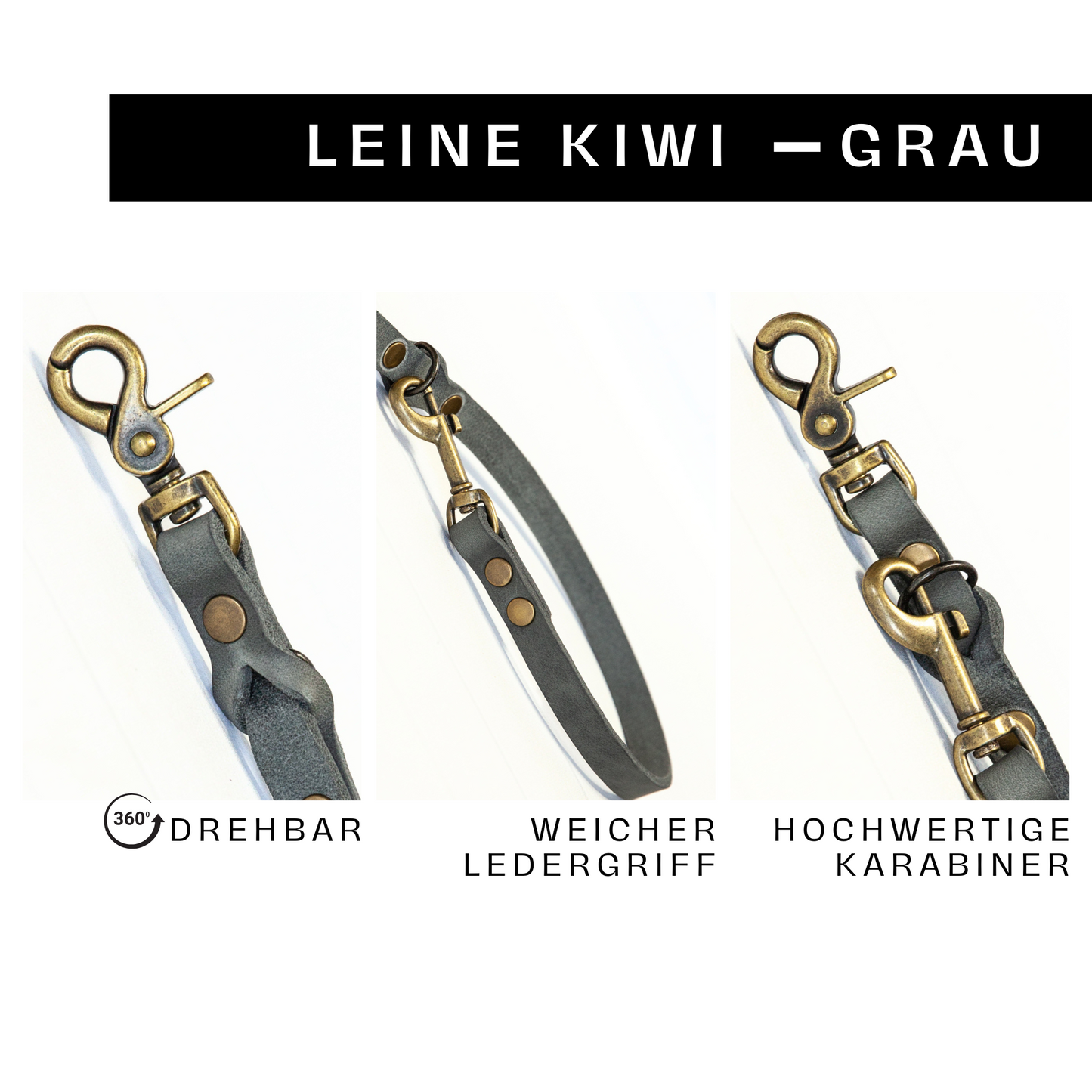 Lederleine KIWI | 3-fach Verstellbar | Handgefertigt | Grau