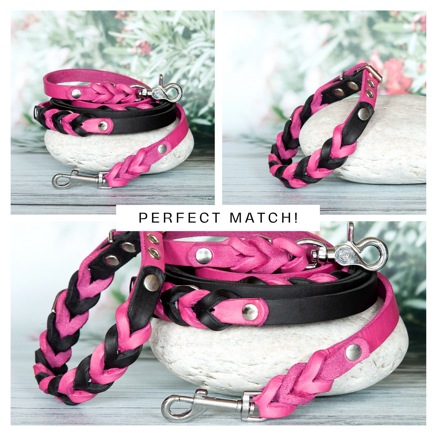 Hundeleine SUE handgefertigt aus Leder. Lederleine in der Farbe Pink und Schwarz. Hundelederleine. Details 4