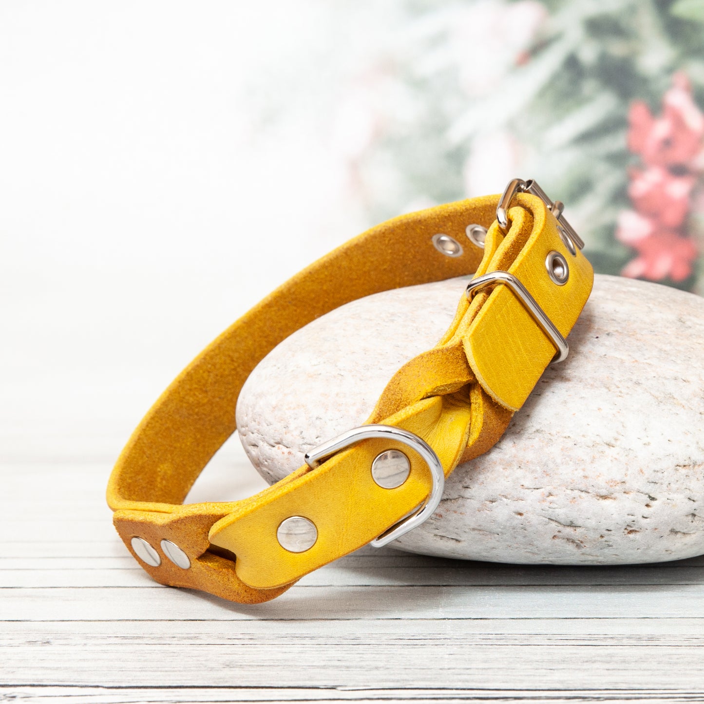 Halsband SUNNY aus Leder. Hundehalsband aus Leder in der Farbe Curry Gelb. Lederhalsband für Fellnasen.