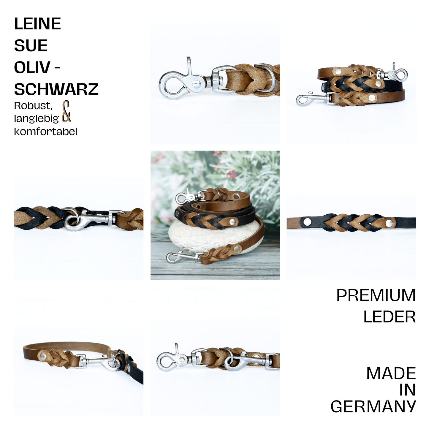 Vielseitige Ansicht der Hundeleine Sue in oliv-schwarz mit robustem Flechtdesign – hergestellt in Deutschland aus Premiumleder.