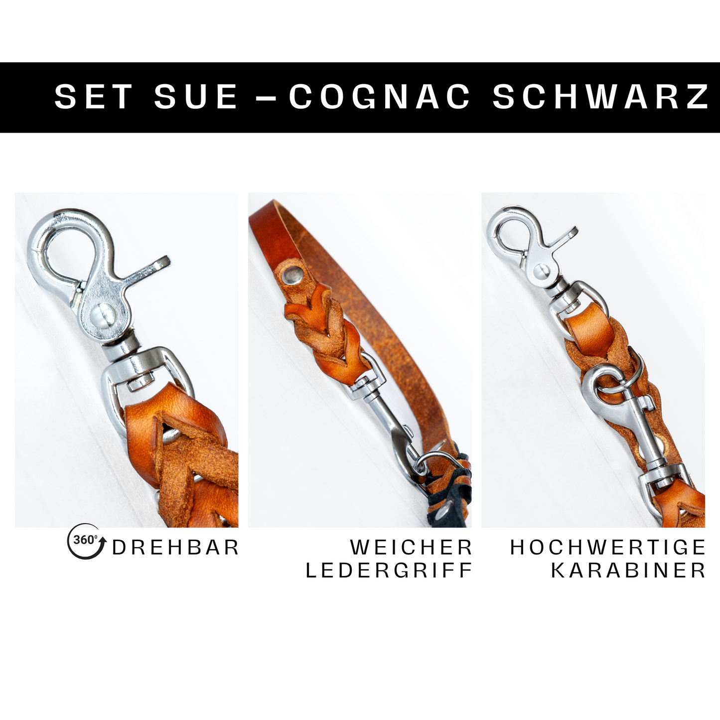 Set SUE handgefertigt aus Leder. Lederhalsband und Lederleine in der Farbe Cognacbraun und Schwarz. Hundehalsband und Leine. Details