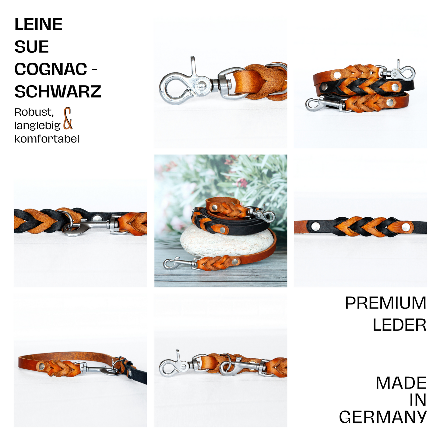 Set SUE handgefertigt aus Leder. Lederhalsband und Lederleine in der Farbe Cognacbraun und Schwarz. Hundehalsband und Leine. Details 1