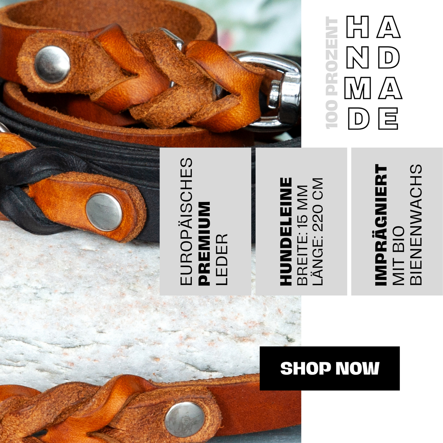 Set SUE handgefertigt aus Leder. Lederhalsband und Lederleine in der Farbe Cognacbraun und Schwarz. Hundehalsband und Leine. Details 2