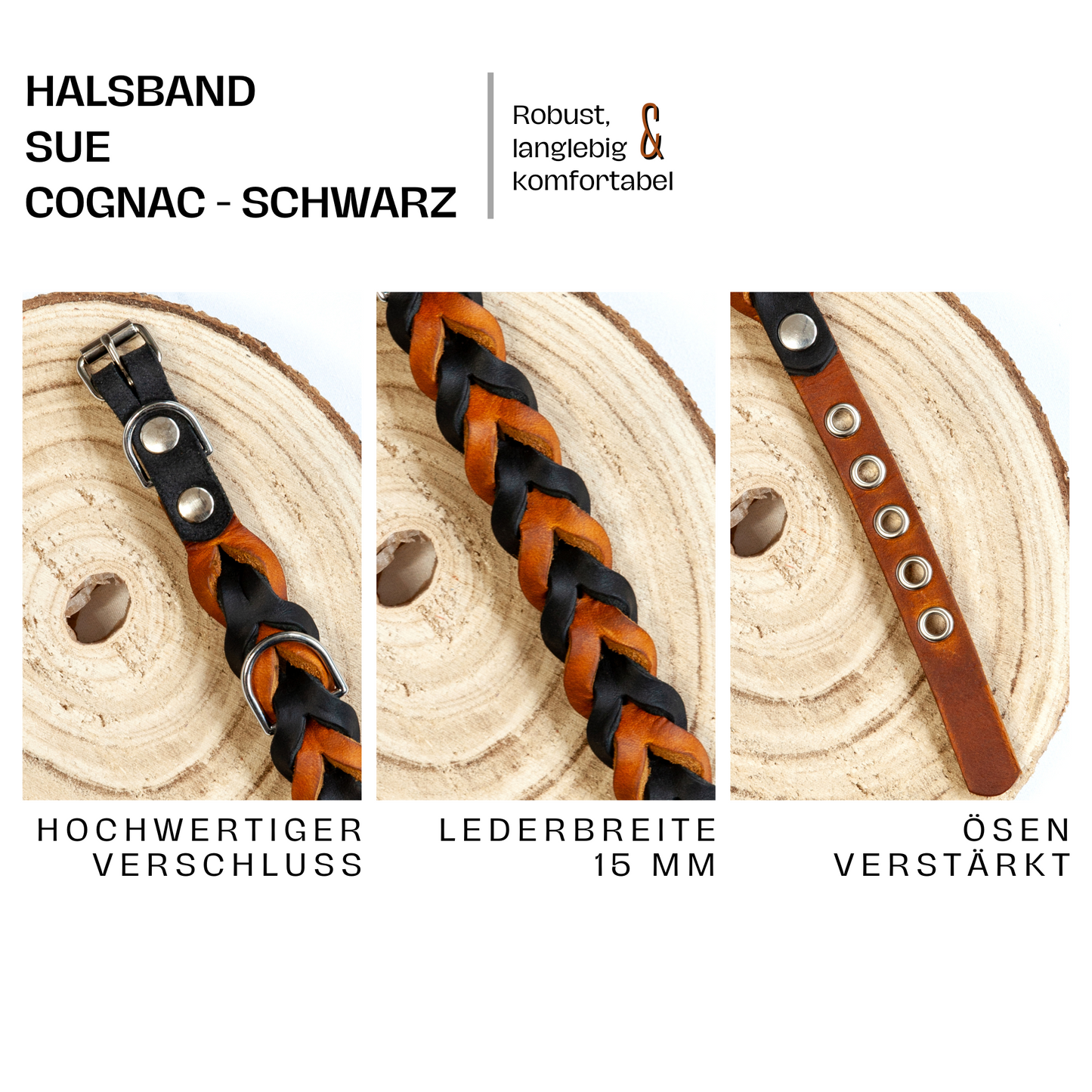 Set SUE handgefertigt aus Leder. Lederhalsband und Lederleine in der Farbe Cognacbraun und Schwarz. Hundehalsband und Leine. Details 3