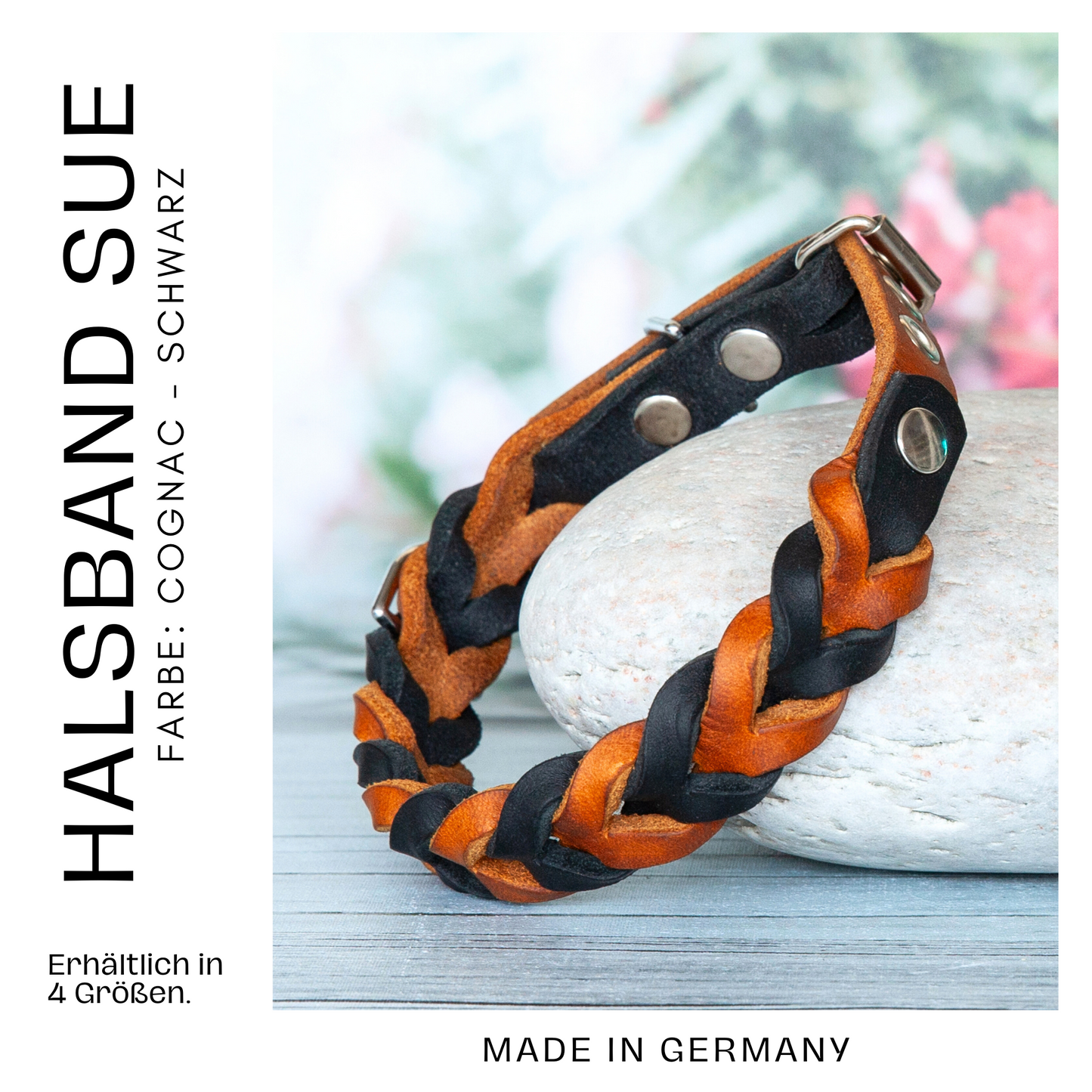 Set SUE handgefertigt aus Leder. Lederhalsband und Lederleine in der Farbe Cognacbraun und Schwarz. Hundehalsband und Leine. Details 4