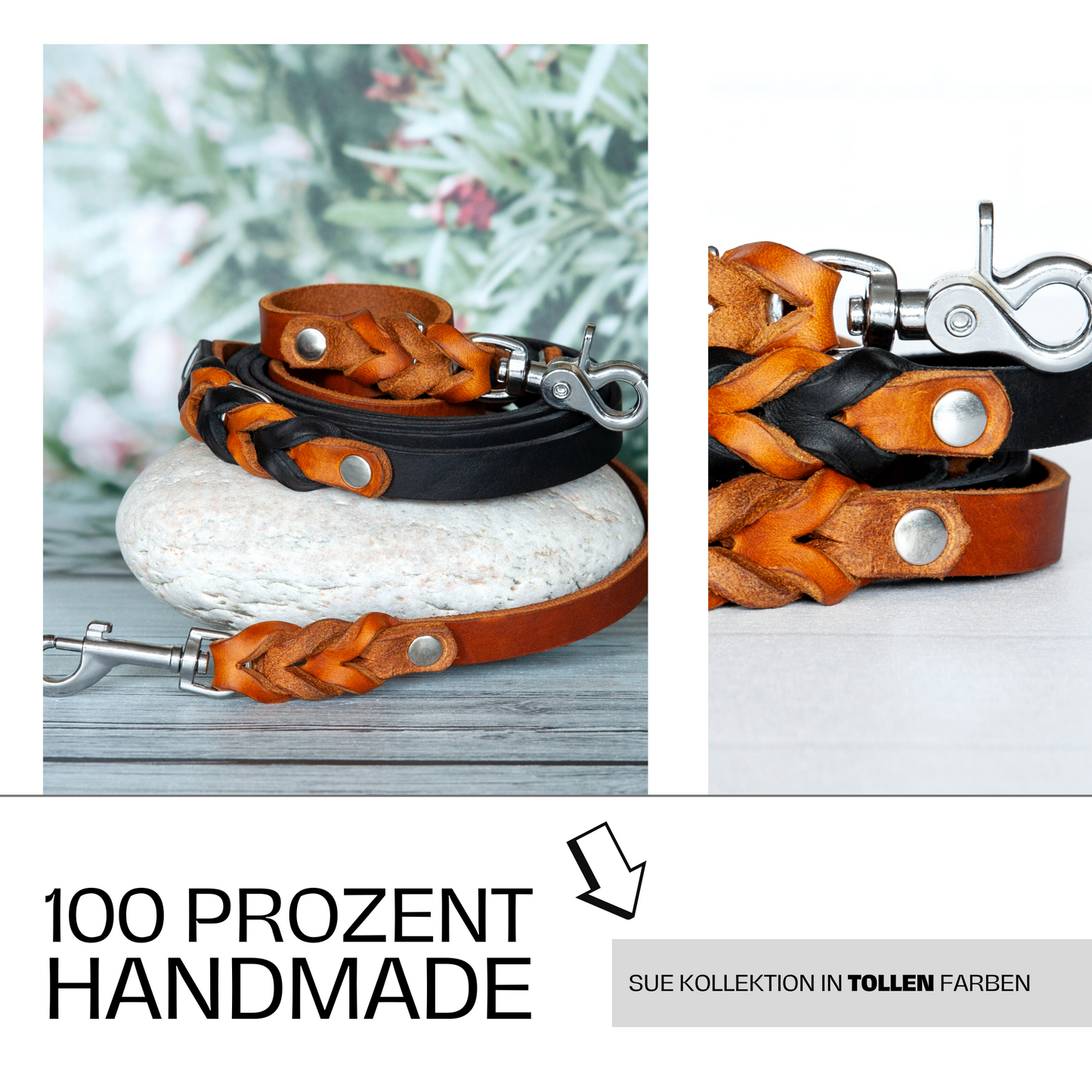 Set SUE handgefertigt aus Leder. Lederhalsband und Lederleine in der Farbe Cognacbraun und Schwarz. Hundehalsband und Leine. Details 5
