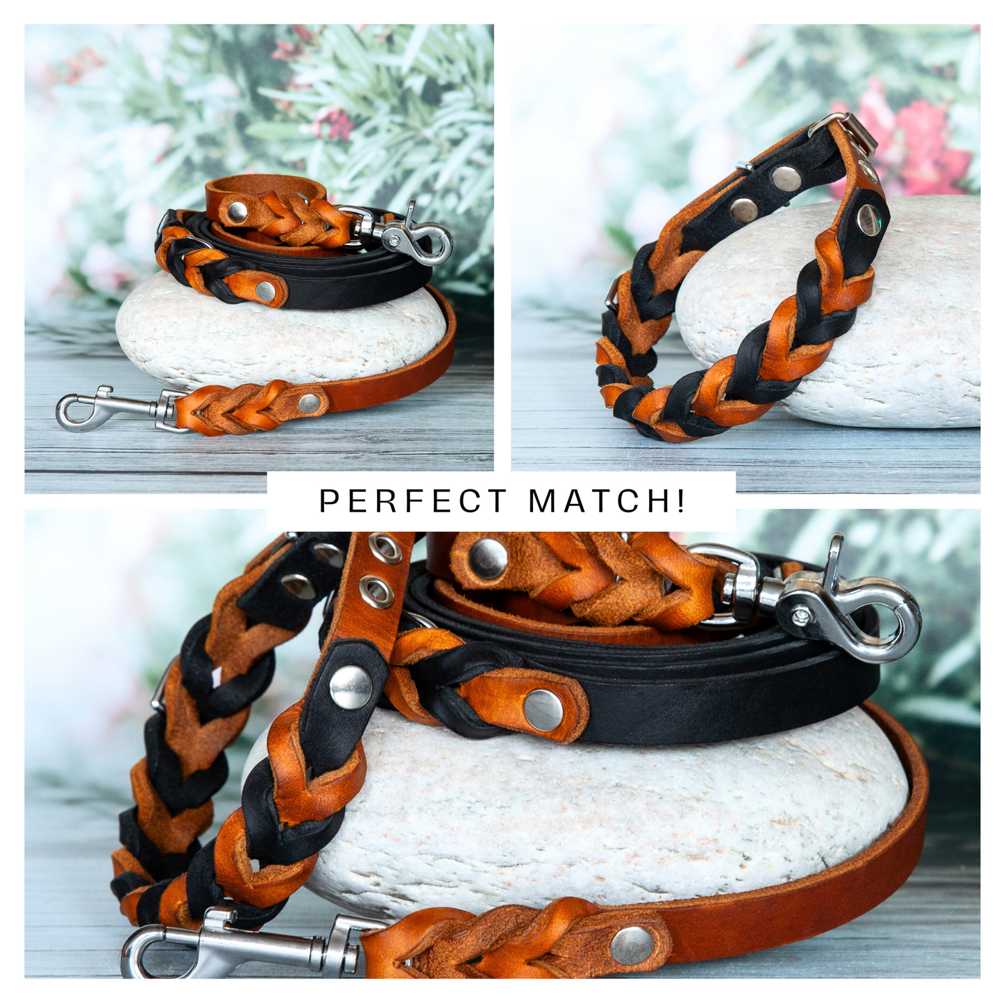 Set SUE handgefertigt aus Leder. Lederhalsband und Lederleine in der Farbe Cognacbraun und Schwarz. Hundehalsband und Leine. Details 6