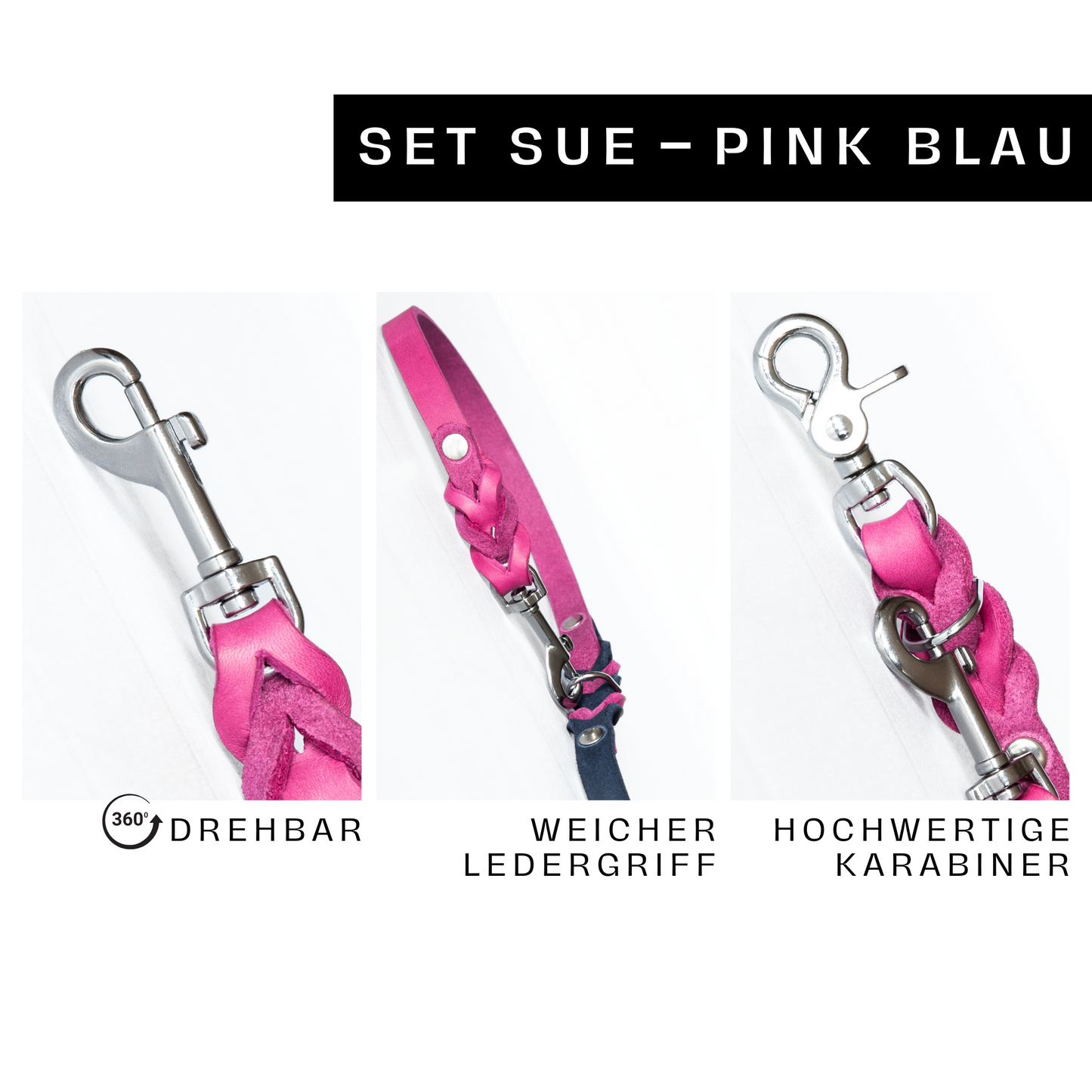Set SUE handgefertigt aus Leder. Lederhalsband und Lederleine in der Farbe Pink und Blau. Hundehalsband und Leine. Details