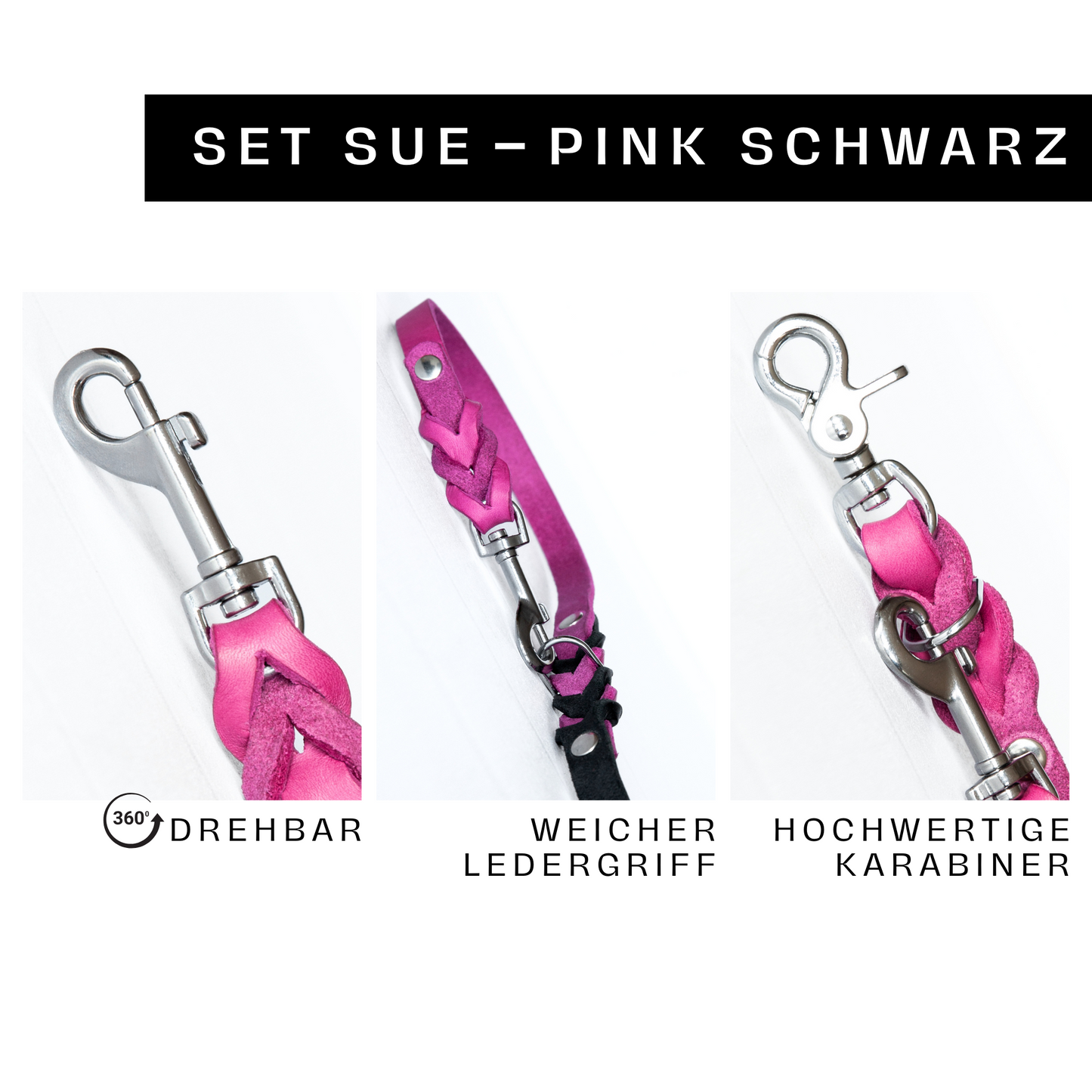 Set SUE handgefertigt aus Leder. Lederhalsband und Lederleine in der Farbe Pink und Schwarz. Hundehalsband und Leine. Details