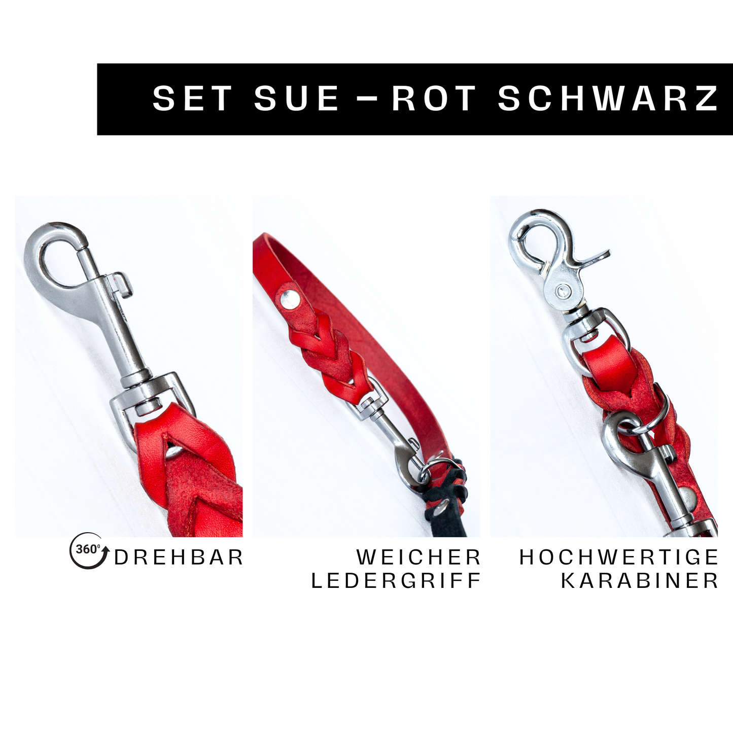 Set SUE handgefertigt aus Leder. Lederhalsband und Lederleine in der Farbe Rot und Schwarz. Hundehalsband und Leine. Details