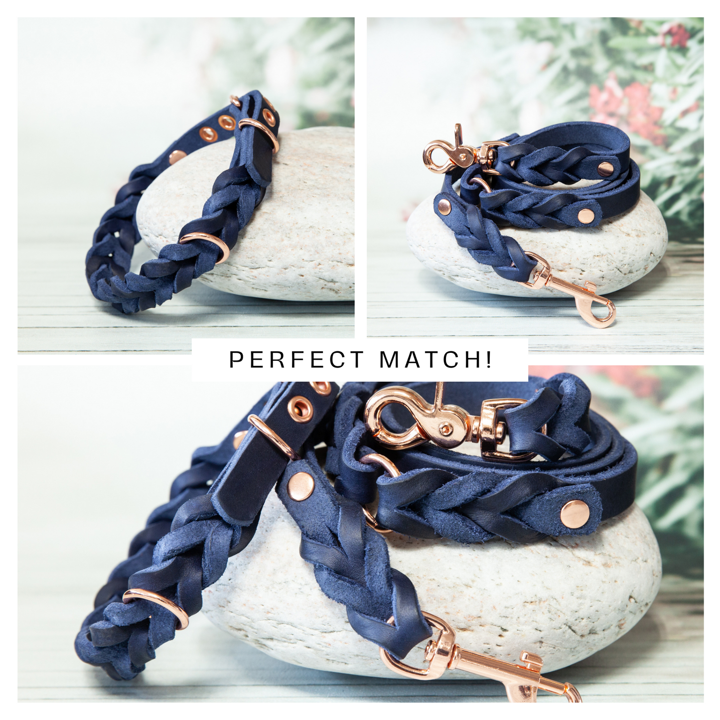 ELLA Halsband und Leine in Blau – perfektes Match für stilbewusste Hundehalter, aus weichem, geflochtenem Leder.