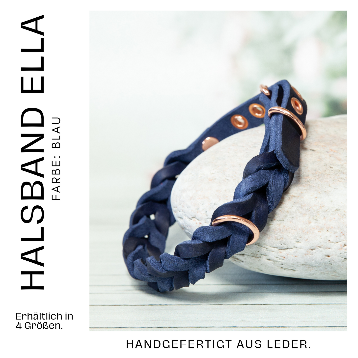 Produktansicht des ELLA-Halsbands in leuchtendem Blau – handgeflochtenes Leder mit ergonomischem Sitz für deinen Hund.