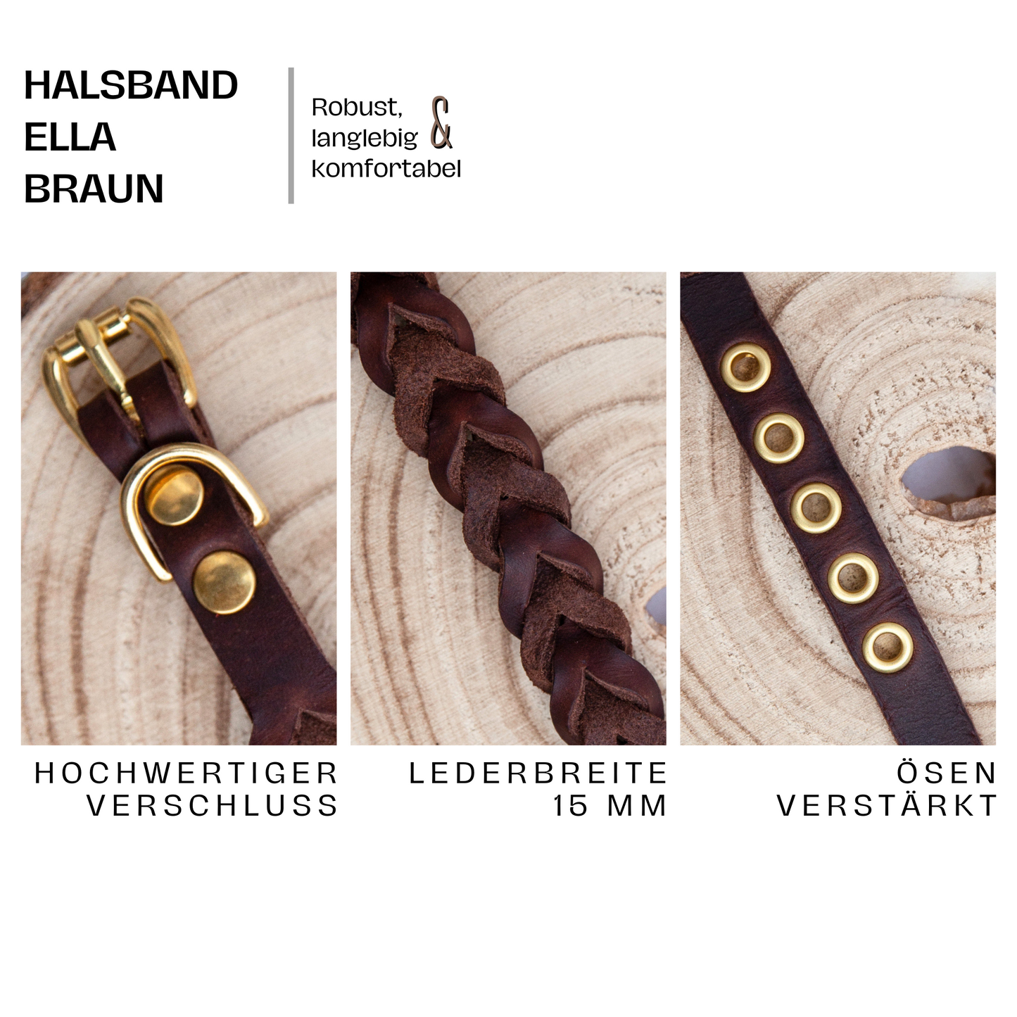 Detailansicht des braunen ELLA-Halsbands – geflochtenes Echtleder, stabile Verarbeitung und elegante Metallteile.