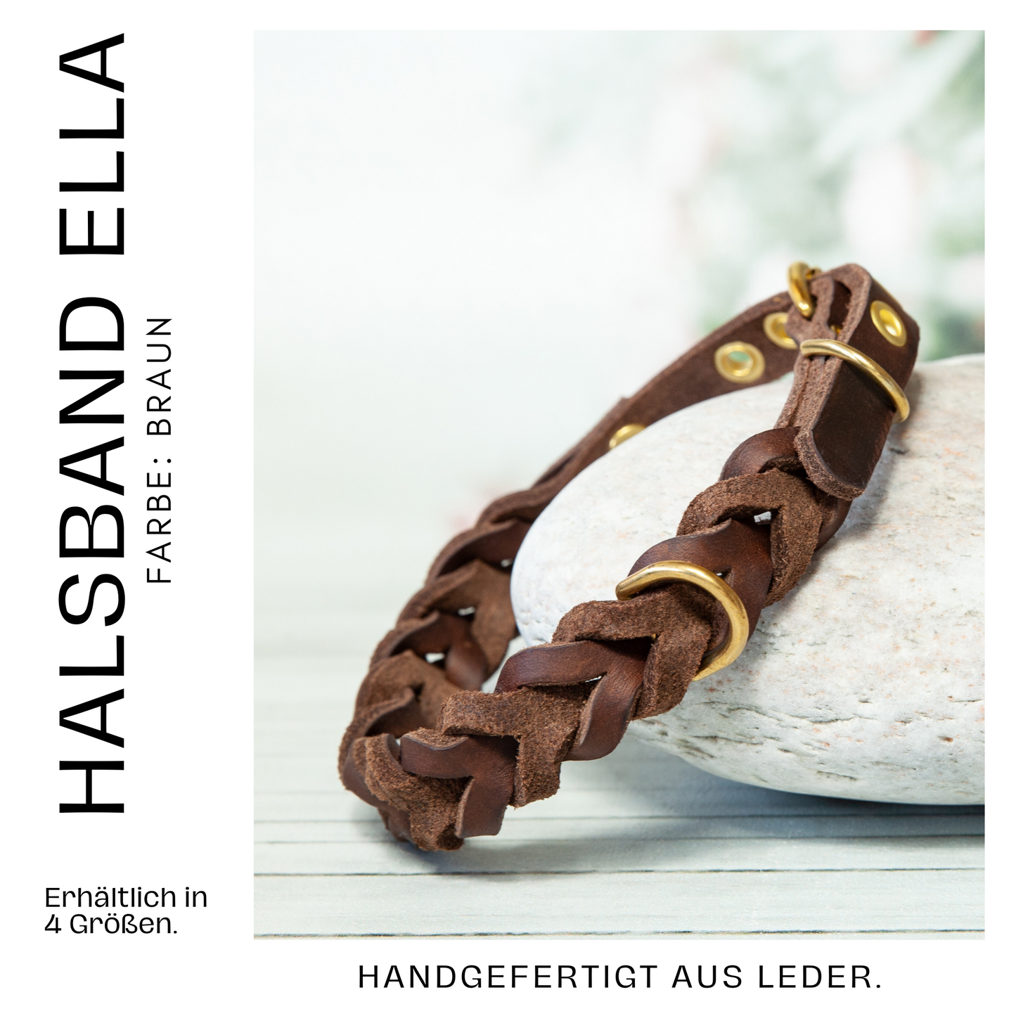 Produktbild des braunen Halsbands ELLA – weiches Leder in Flechtoptik, handgearbeitet und für jeden Hund geeignet.