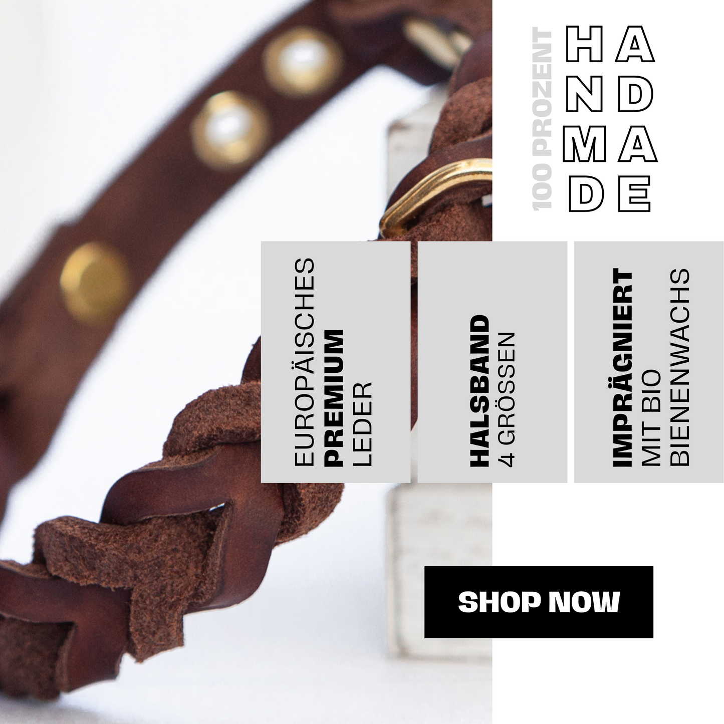 Nahaufnahme des Halsbands ELLA in Braun – hochwertiges Premiumleder mit natürlichem Look, jetzt im Shop erhältlich.