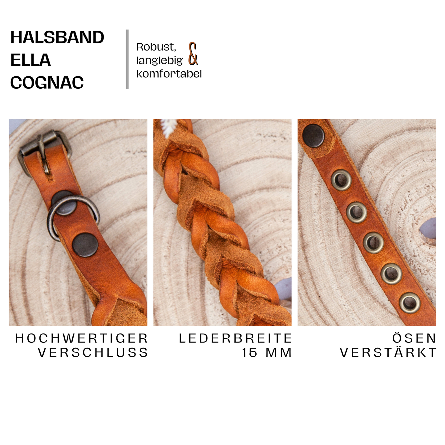 Detailansicht des cognacfarbenen ELLA-Halsbands – geflochtenes Echtleder, starke Ösen und hochwertiger Verschluss.