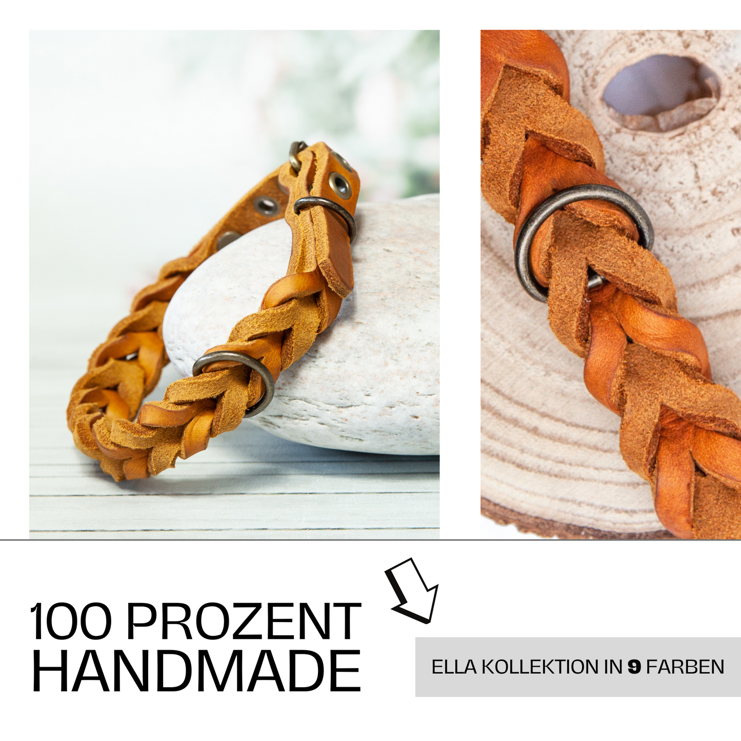 Halsband ELLA in Cognac – Teil der 9-farbigen Kollektion aus handgearbeitetem Leder, designed für langlebige Qualität.