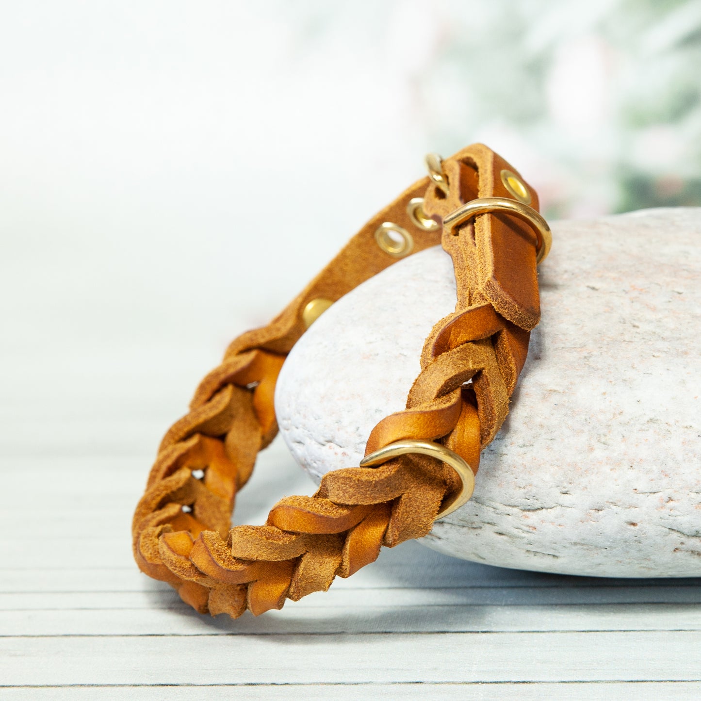 Edles Lederhalsband ELLA in Cognac mit glänzendem Messingverschluss – perfekt für stilbewusste Hundehalter.