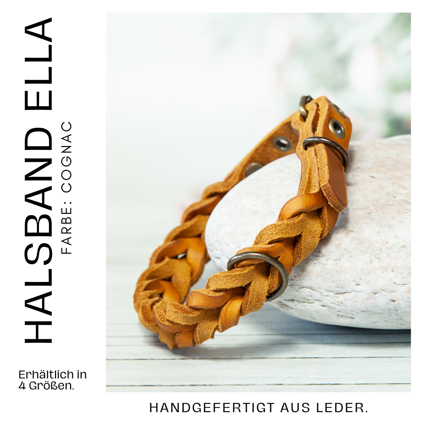 Produktbild des Halsbands ELLA in Cognac – moderne Flechtoptik, strapazierfähig und bequem für den Hund.